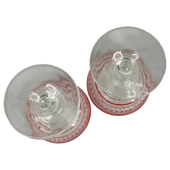 2 Vintage Etched Glass Goblets Red Rim Stripe Wine Cordial Bubble Stem Set pair - Picture 6 of 6